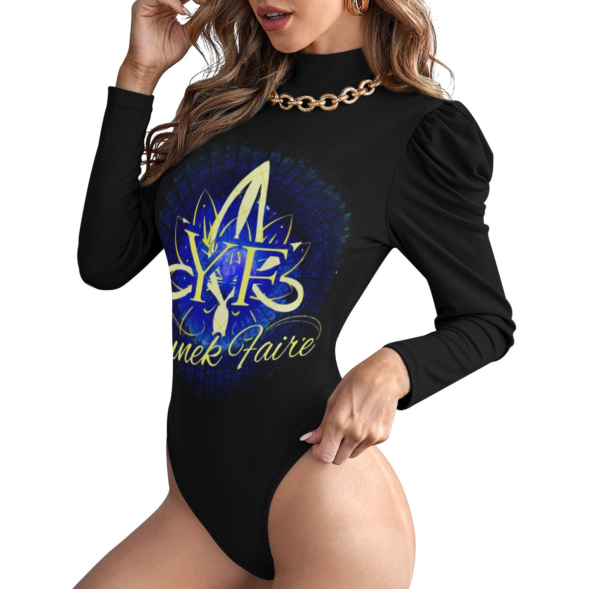 Women's Turtleneck Bodysuit With Puff Sleeve