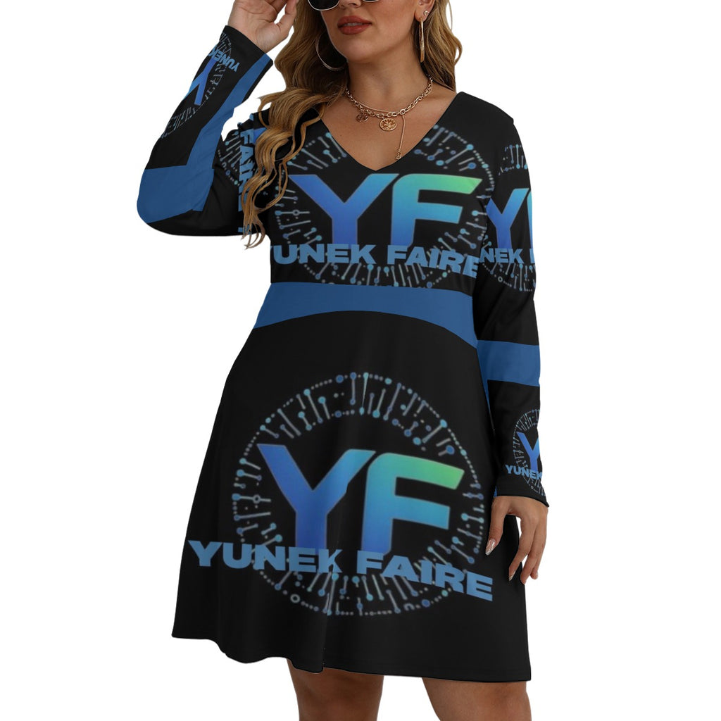 All-Over Print Women's V-neck Long Sleeve Dress(Plus Size)