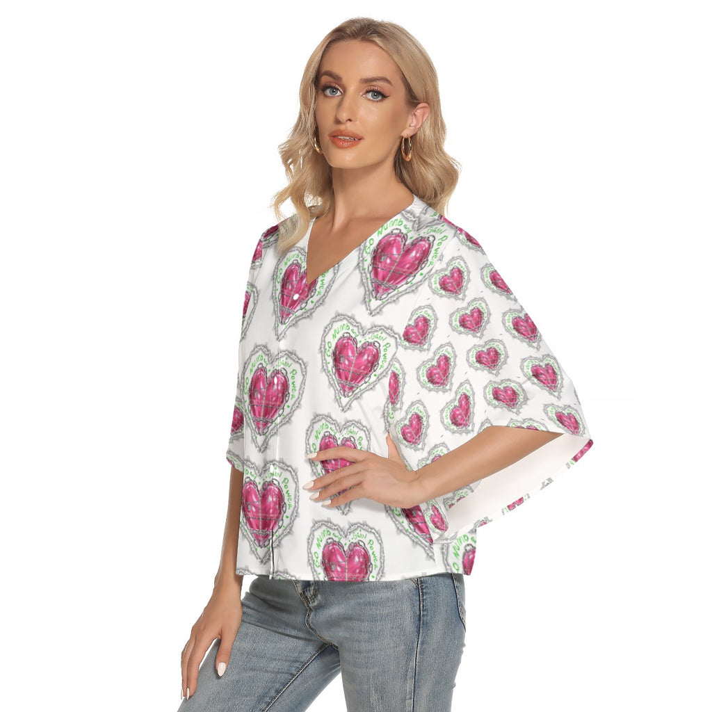 Women's Bat Sleeve Light V-neck Front Buttoned Top